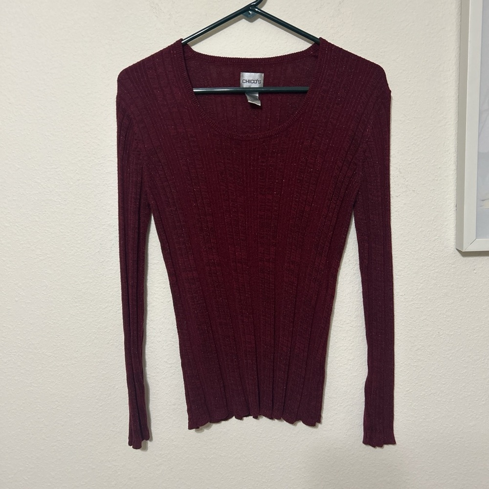 Chico's Vibrant Burgundy Metallic Ribbed Knit Long Sleeve Top